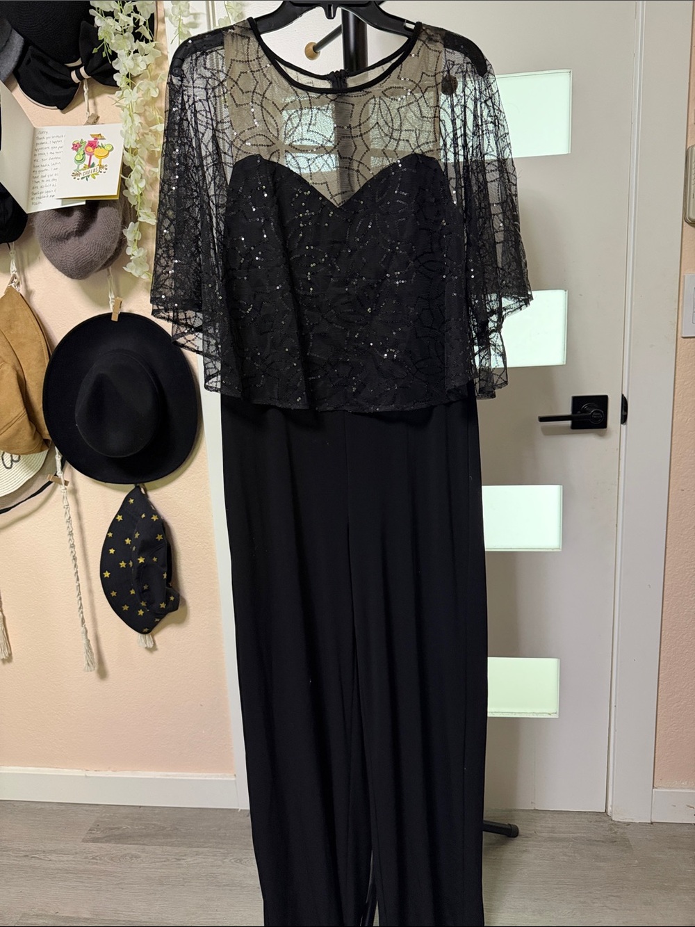 connected apparel Black Lace & Sequin Cape Jumpsuit